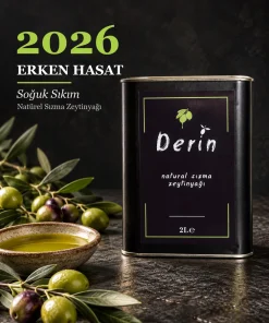 2026 erken hasat soğuk sıkım zeytinyağı – Derin Zeytincilik 2 Litre Teneke, taze zeytinler ve zeytin dalları ile