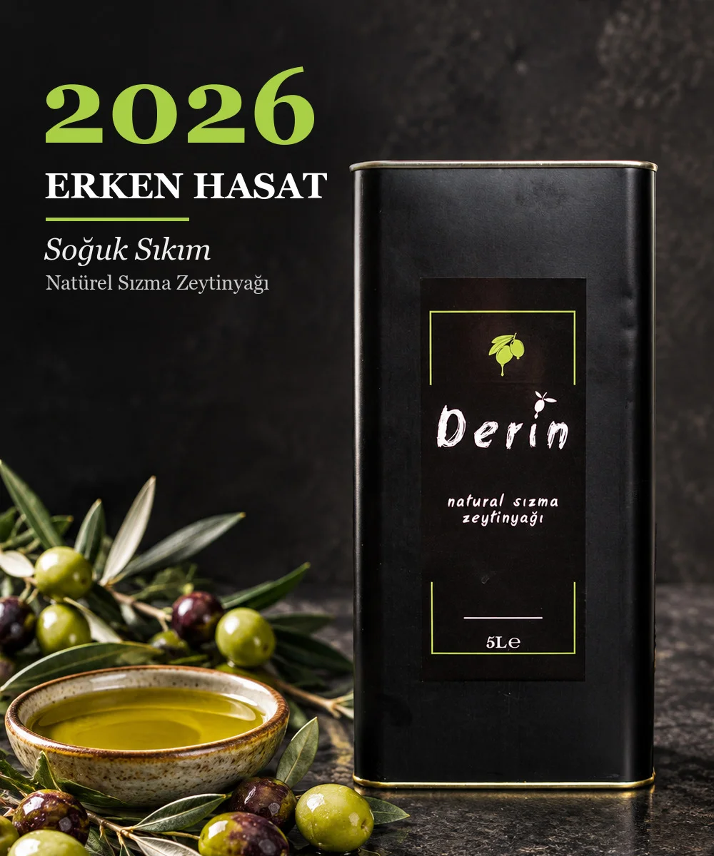 2026 erken hasat soğuk sıkım zeytinyağı – Derin Zeytincilik 5 Litre Teneke, taze zeytinler ve zeytin dalları ile