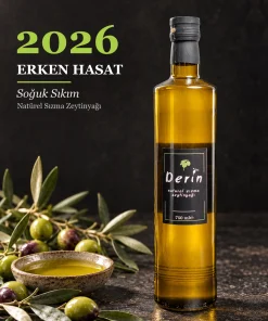 2026 erken hasat soğuk sıkım zeytinyağı – Derin Zeytincilik 750 ml Cam Şişe, taze zeytinler ve zeytin dalları ile