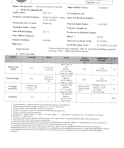 Derin Zeytincilik erken hasat soğuk sıkım zeytinyağı analiz raporu sayfa 1: serbest yağ asitliği %0,45, peroksit 4,79, UV absorbans ve trilinolein sonuçları