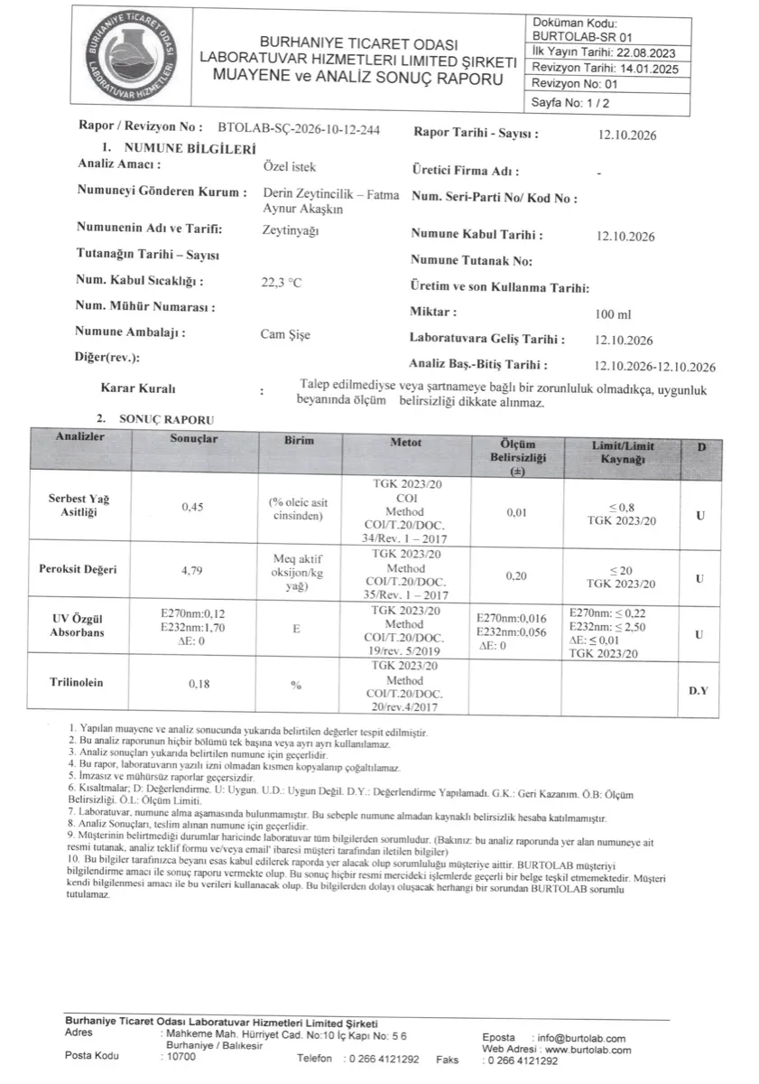 Derin Zeytincilik erken hasat soğuk sıkım zeytinyağı analiz raporu sayfa 1: serbest yağ asitliği %0,45, peroksit 4,79, UV absorbans ve trilinolein sonuçları