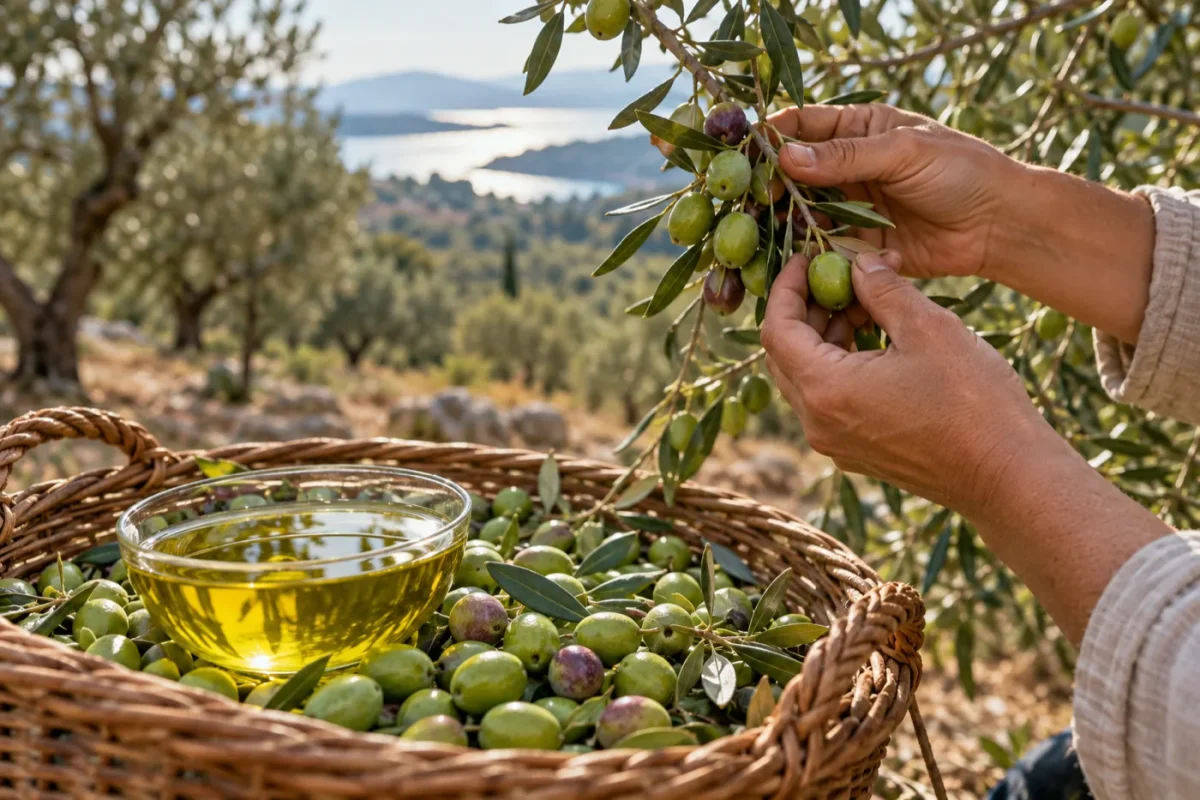 Erken hasat zeytinyağı için Ekim ayında daldan elle toplanan yeşil Ayvalık zeytinleri ve taze yeşil zeytinyağı