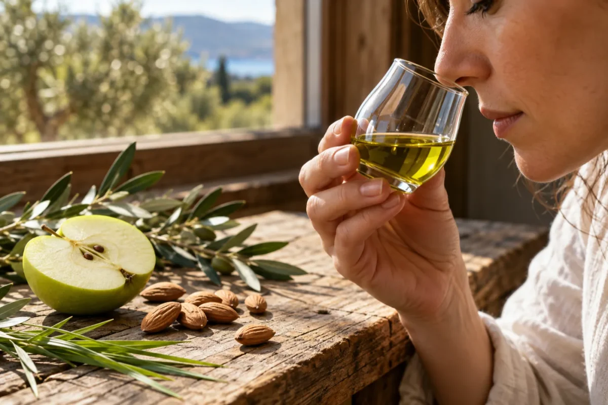Gerçek zeytinyağı nasıl anlaşılır: tadım bardağındaki zeytinyağını koklama, yeşil elma, badem ve çimen aromaları